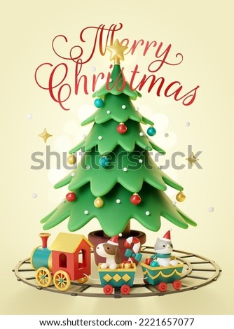 3D Christmas tree decorated with colorful baubles with toy train going underneath on yellow background