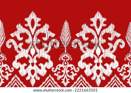 Christmas floral Ikat vector embroidery.red and white background.geometric ethnic oriental pattern traditional.Aztec style abstract illustration.design for texture,fabric,clothing,wrapping,scarf,print