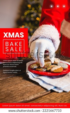 Composition of xmas bake sale text over santa claus. Poster maker concept digitally generated image.