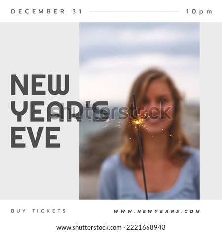 Composition of happy new years eve text over caucasian woman with sparkler. New years eve and celebration concept digitally generated image.