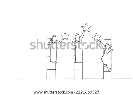 Cartoon of arab businessman reach stars with stairs on clouds. Single line art style
