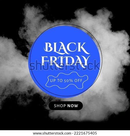 Composition of black friday up to 50 percent off shop now text over cloud on black background. Black friday, shopping and retail concept digitally generated image.
