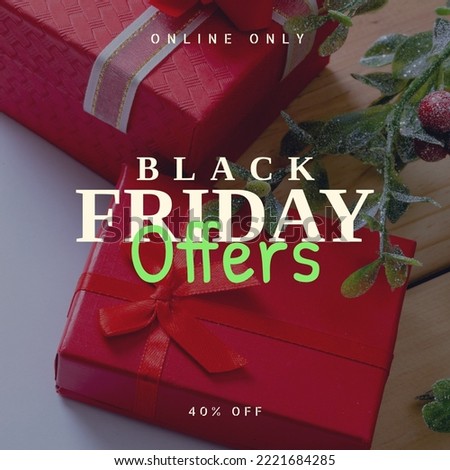 Composition of online only black friday offers 40 percent off text over presents. Black friday, shopping and retail concept digitally generated image.