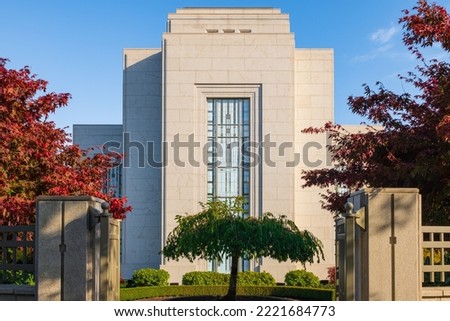 Exterior view of modern church in British Columbia, Canada. Modern architecture concept, nobody, street photo