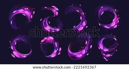 Purple light circles with sparks and leaves motion effect. Magic glow with star dust and sparkles. Abstract flow, tornado vortex, isolated magician spell round swirls Cartoon vector illustration, set