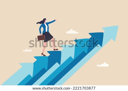 Career growth, growing business or leadership to overcome challenge, motivation to succeed, career development or ambition to success concept, confidence businesswoman walking up growth arrow stair. Royalty-Free Stock Photo #2221703877