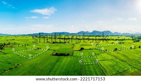 Land plot in aerial view. Identify registration symbol of vacant area for map. That property, real estate for business of home, house or residential i.e. construction, development, sale, rent, buy. Royalty-Free Stock Photo #2221717153