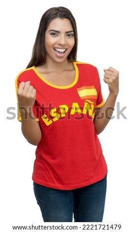 Pretty young adult soccer fan from Spain with red jersey isolated on white background for cut out