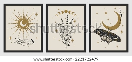 Set of esoteric alchemy mystical magic posters. Crescent, sun, stars, floral elements, moth. Spiritual talisman, occultism objects. Boho illustration Royalty-Free Stock Photo #2221722479