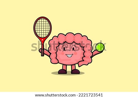 Cute cartoon Intestine character playing tennis field in flat cartoon style illustration