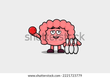Cute cartoon Intestine character playing bowling in flat modern style design illustration