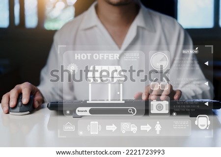 Man using keyboard shopping on virtual screen during the promotion Black friday, Cyber monday. Shop for cheap products from online stores. concept on virtual screen with hands typing on keyboard.