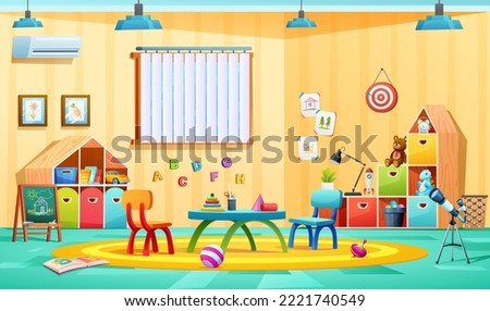 Kindergarten classroom interior design cartoon illustration Royalty-Free Stock Photo #2221740549