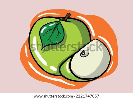 Hand drawn bright vector illustration of colorful half and whole of juicy green apple. Fresh cartoon apples on isolated background.