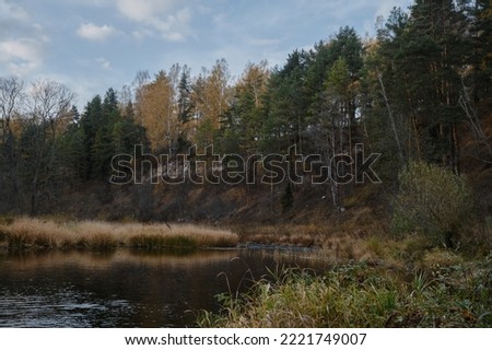 Landscape of central Russia in mid autumn. National park in Tver region. View of beautiful river, rocks and mixed spruce pine and birch forest. Concept of nature and environment.