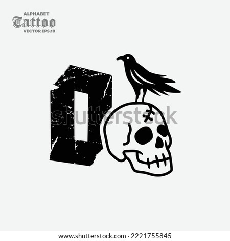 The letter O with a skull head on it has a black crow, black and white style