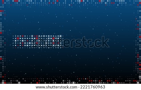 On the left is the minus symbol filled with white dots. Pointillism style. Abstract futuristic frame of dots and circles. Some dots is red.  illustration on blue background with stars