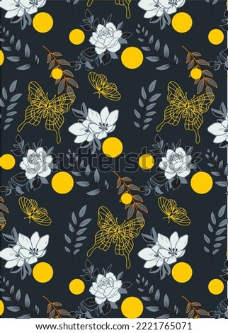 Seamless pattern with flowers and butterfly on the dark blue background