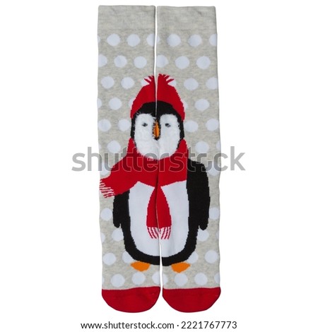 a pair of long socks with a pattern, laid out so that a single pattern of a penguin is formed, on a white background, isolate