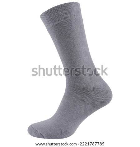 Gray long men's sock, with a wide elastic band, on a white background, isolate