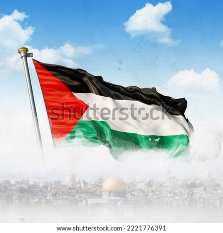 palestinian flag on palestine city background Royalty-Free Stock Photo #2221776391