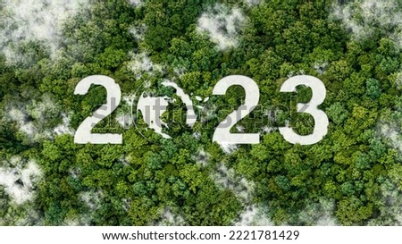 2023 New Year concept for Sustainable environment development goals on Top view of nature. SDGs, ESG, NetZero, and co2 concept Royalty-Free Stock Photo #2221781429