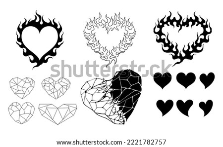 various heart shapes illustration basic icons, low poly, flames and shuttered style