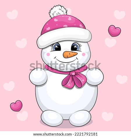 Cute cartoon snowman in a hat and bow. Winter vector illustration on a pink background with hearts.