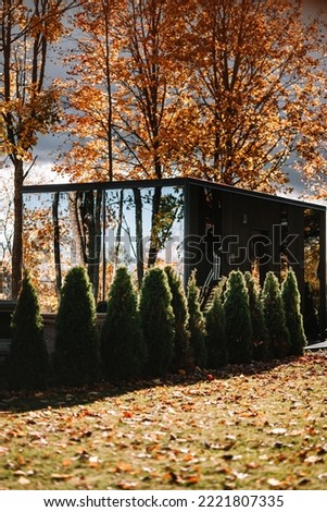 Mirror cabin tiny house in beautiful fall colors  