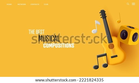 3d composition with classic guitar and notes and boombox, yellow monochrome poster modern graphic