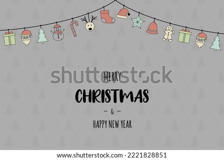 Concept of Christmas greeting card with hanging icons. Vector
