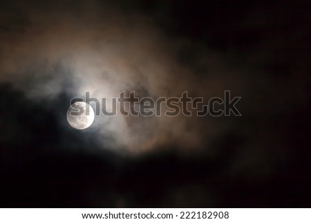 Full Moon Over Dark Black Sky With Stars And Clouds

