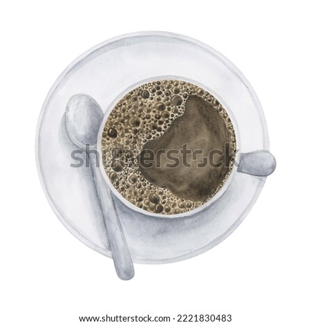 White porcelain black coffee cup on plate  with spoon top view. Espresso shot. Coffe drink watercolor clipart illustration.