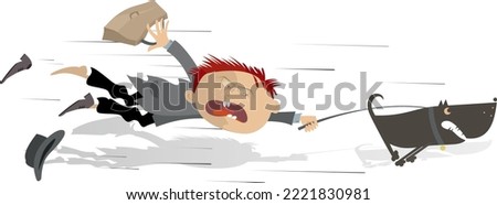Funny man and disobedient dog illustration. 
Cartoon young man tries to stop an angry dog. Isolated on white background
