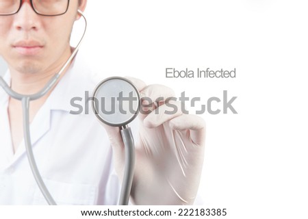 Doctor pointing pen to ward screen about ebola out brake