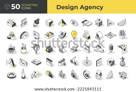 Collection of design industry related isometric icons in outline style. Creativity in design agency. Icons and shadows are separated Royalty-Free Stock Photo #2221843111