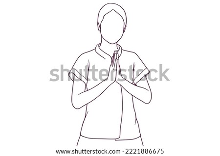 female tourist guide showing greeting gesture hand drawn style vector illustration