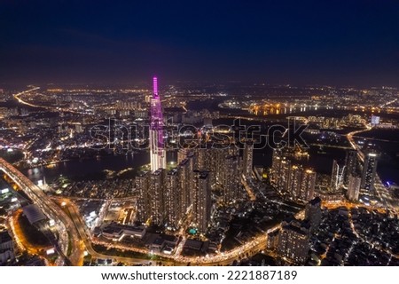  aerial view of Landmark 81 is a super-tall skyscraper currently under construction in Ho Chi Minh City, Vietnam. It is the tallest building in Vietnam