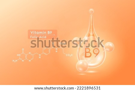 Serum skincare transparent water drops vitamin B9 orange and structure. Moisturizer collagen with molecule glittering and bubbles hyaluronic acid. For ad for beauty cosmetics. Realistic 3d vector. Royalty-Free Stock Photo #2221896531