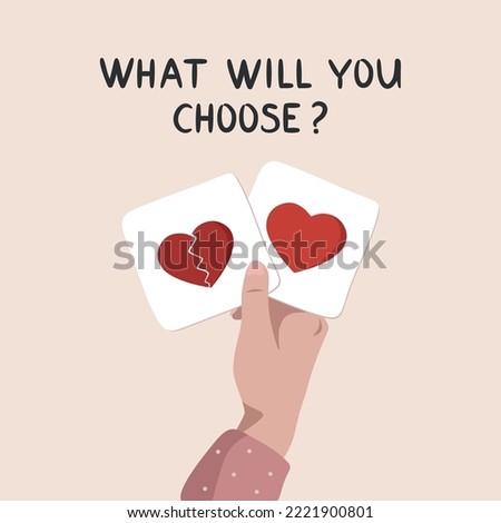 Vector illustration for Valentine's Day. A hand holds cards with a heart symbol. Broken heart. Real love. Love, help, support, donate. What will you choose? Vector illustration with realistic hand.