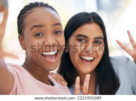 Selfie, women and show sign for peace, smile and being happy for result, confident or girls have fun together. Diversity, portrait and female friends pride with hand gesture, take photo or happiness.