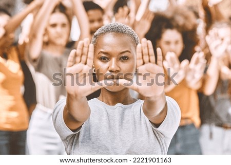 Protest, stop hands and black woman with people .fighting for peace, end to racial discrimination or freedom. Politics, justice or rally, activism or group demand social change or human rights. Royalty-Free Stock Photo #2221901163