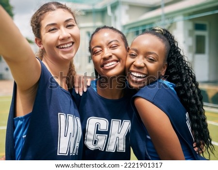 Sports, team and girl netball selfie, hug with fitness and college or school club with outdoor portrait. Exercise, competitive sport and happy people, smile in picture and player training on court.