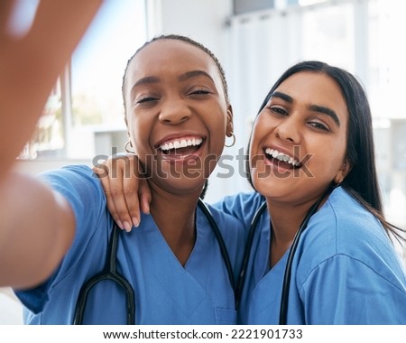 Healthcare, selfie and portrait of doctors working at a hospital, happy and smile while bonding and having fun. Face, nurse and medical intern women friends, pose and embrace for picture at a clinic