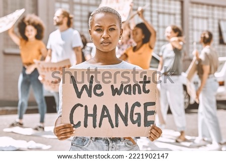 Black woman, protest group and sign about peace, justice and gender equality in SA for political leadership. Freedom, human rights and activist marching against climate change, racism and corruption