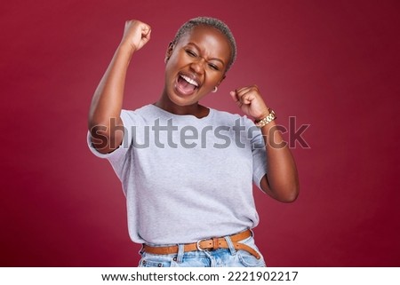 Celebration, black woman and excited person showing happiness and winner feeling. Winning motivation, achievement and happy smile of a female win with a celebrate victory feeling from success Royalty-Free Stock Photo #2221902217