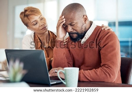 Sad couple, laptop or finance stress for tax, house mortgage loan or internet investment fail. Financial loss, tech or black woman and man comfort for bad budget planning, home insurance debt or loan Royalty-Free Stock Photo #2221902859