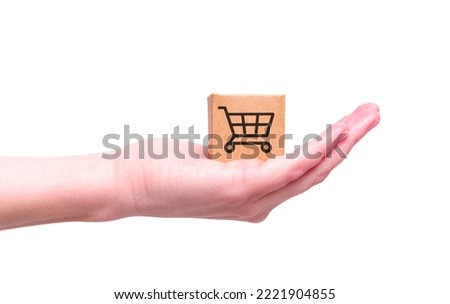 Toy shipping box labeled with a shopping cart symbol placed on a female's hand isolated on white background.