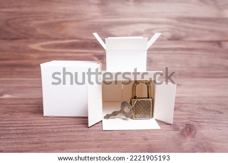 Miniature white shipping boxes and bronze toned keyed padlock isolated on a wooden background. Online shopping safety concept.