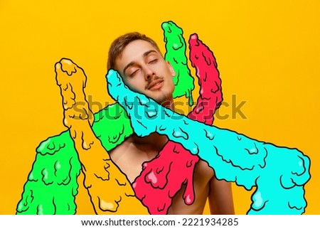 Contemporary art collage. Creative design. Young man surrounded by female legs in colorful tights over yellow background. Concept of creativity, surrealism, pop art. Vibrant color design.